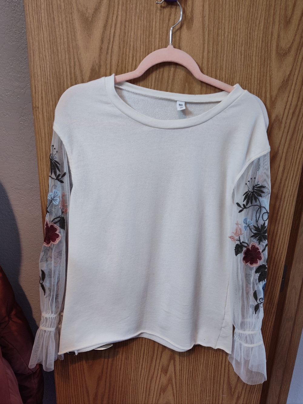 bp Cream Pullover with Sheer Embroidered Floral Sleeves